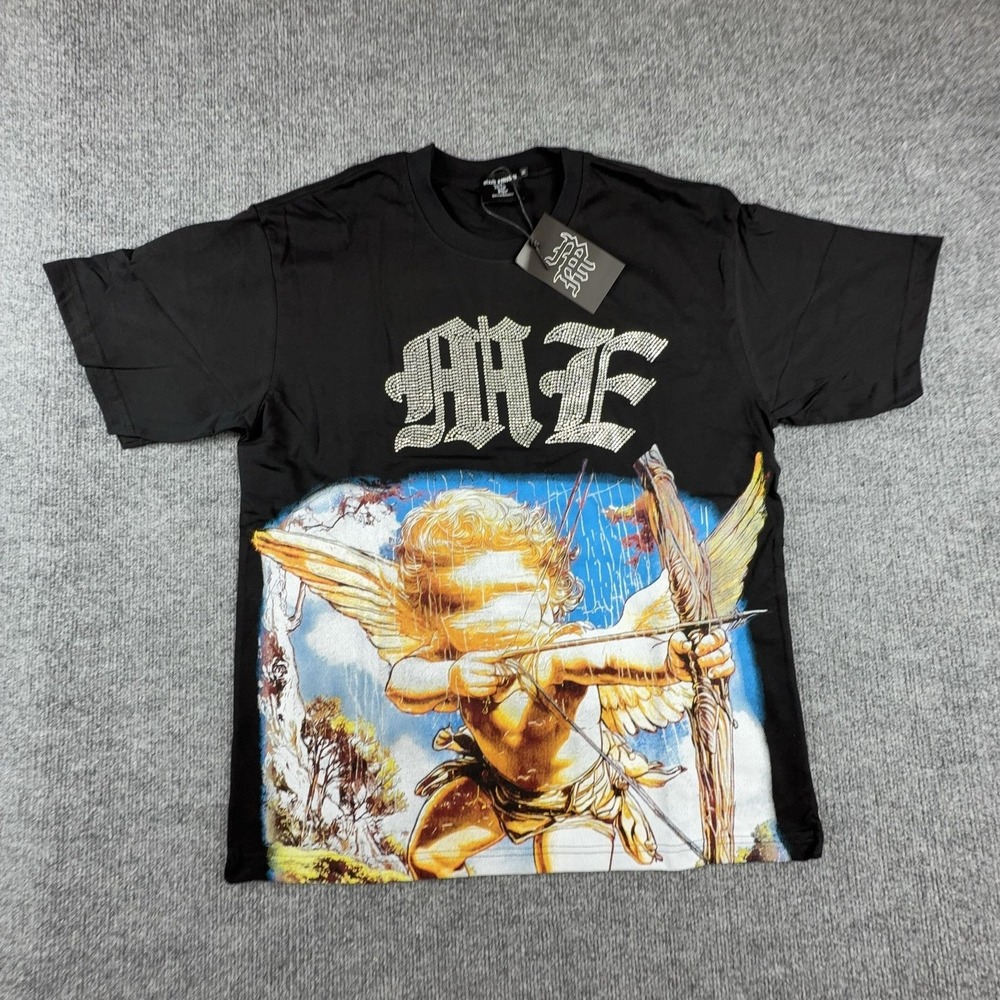 Mixed Emotion Shirt Mens Medium Black Cupid Angel Rhinestone Graphic Tee